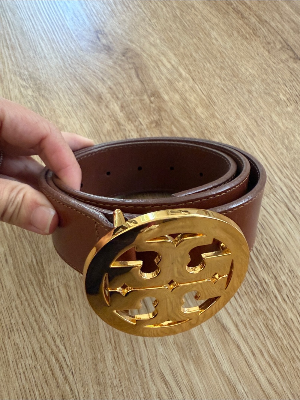 Tory Burch Women’s Brown Leather Belt with Gold Logo Buckle